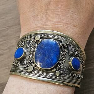 Vintage Artisan Made Silver Cuff with Lapis Lazuli Cabochons